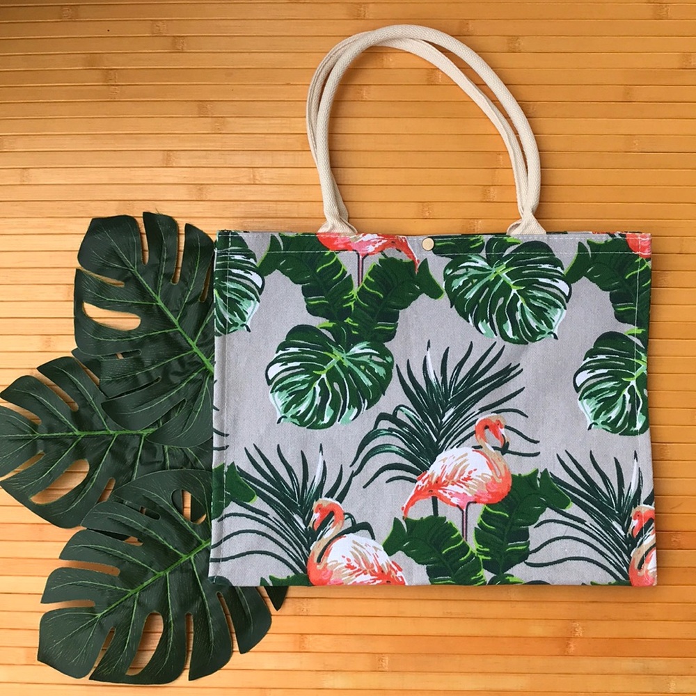 Tropical Print Canvas Tote Bag - Picture 1 of 7